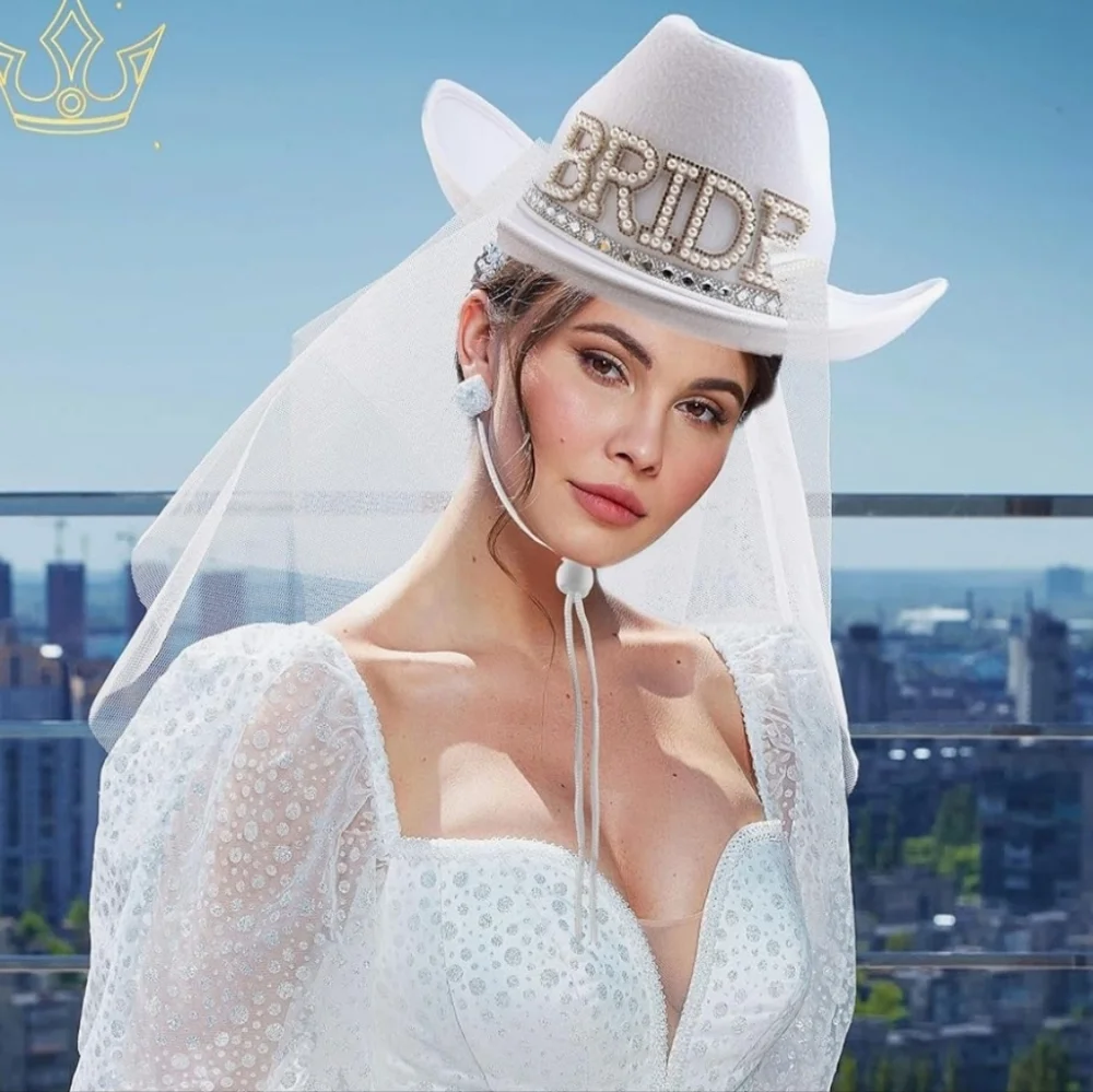 NEW 2 Pack White Bride Cowgirl Hat w/ Veil - Picture 5 of 13